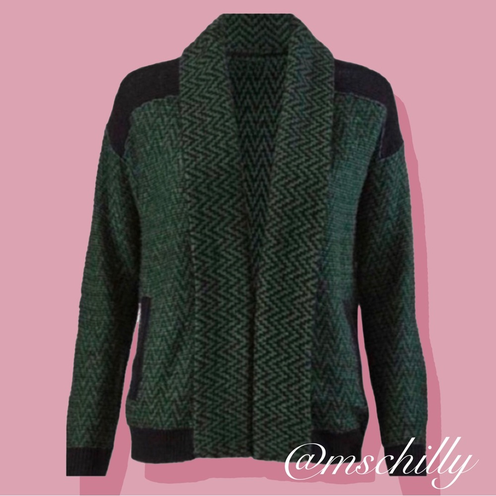 Cabi 3015 Fireside Cardigan Knit Sweater Black Green Sz Large